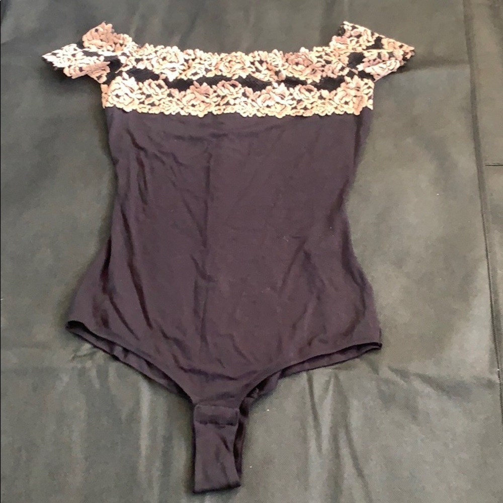 BLACK BODYSUIT LEOTARD LINGERIE FLORAL LACE SMALL